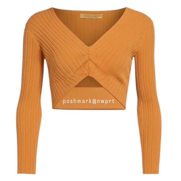 MICHELLE MASON 🍑 Ribbed Cutout Crop Top Shirt Apricot Tan XS P Petite - Picture 4 of 14
